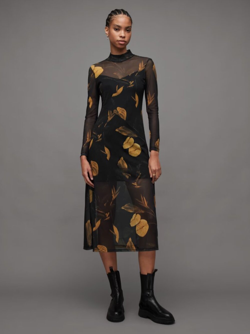 ALLSAINTS hannah arta floral mesh midi-dress - black gold - size 4 - All Saints